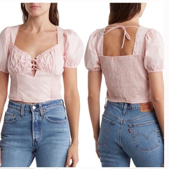 ASTR The Label blush puff sleeve, smocked cotton crop top - Picture 2 of 2